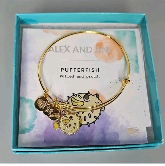 Alex and Ani Jewelry - Alex Ani Bracelet Gold Tone Bangle Puffer Fish USA Charms Adjustable W/ Box EUC
